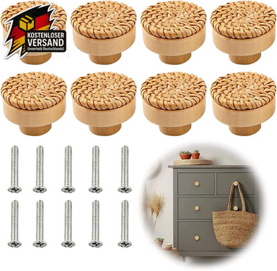 Rattan Möbelknöpfe Set 8 Stück Holz/Natural Boho Landhaus für Schubladen Möbel