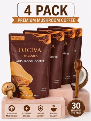 4 PACK FOCIVA Organics Mushroom Coffee   Coffee with 6 Adaptogenic Mushrooms 