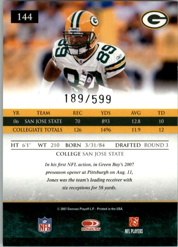 2007 Donruss Gridiron Gear #144 James Jones RC/599 - FB - Image 2 of 2