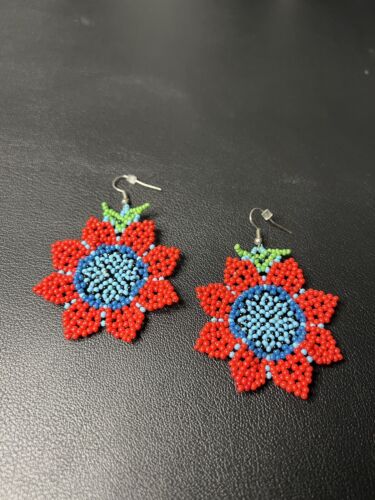 Coppia orecchini semi perline fiore rosso boho stile nativi americani