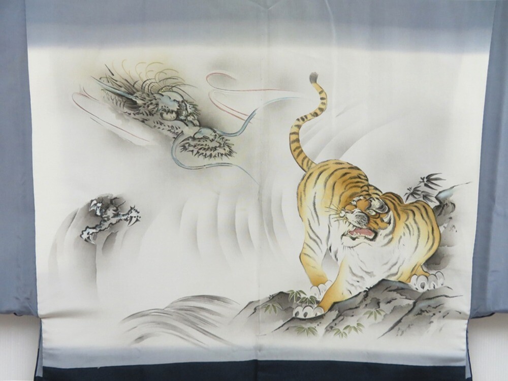 4423T13z580 Vintage Japanese Kimono Silk Men's HAORI Tiger Navy