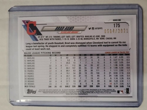 Brad Hand 2021 Topps Series 1 Gold Parallel 564/2021 Cleveland Indians #175 - Picture 2 of 4