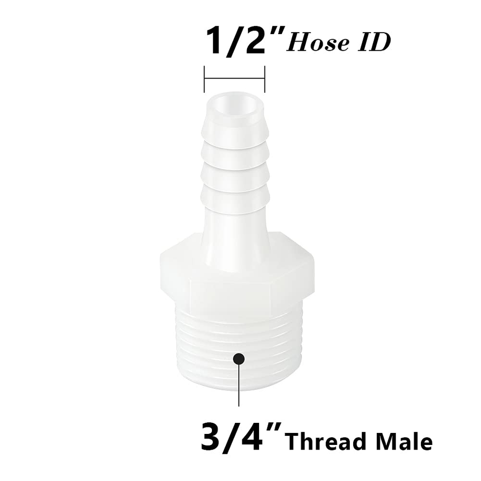 Plastic Hose Barb Fitting, 1/2" Barb to 3/4" Male Thread White Adapter