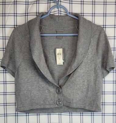NWT Ann Taylor Gray Shawl Collar Short Sleeve Bolero Cardigan Crop