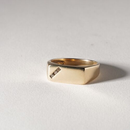 Vintage Diamond Sqaure Signet Ring 9ct Yellow Gold Flat Bar Unisex Size P US 7.5 - Picture 3 of 14