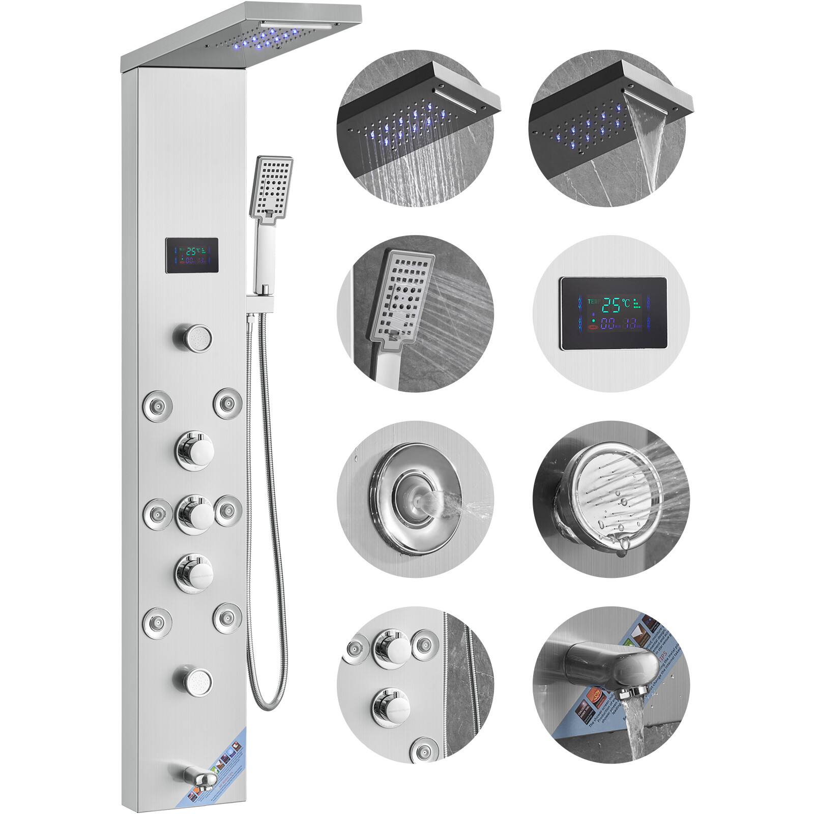 Panneau de douche 6 modes VEVOR hydroélectrique à affichage digital et jets hydromassants