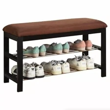 Brown Wooden 2 Tier Shoe Bench Brown Cushion Storage Rack Entryway Organizer Bed
