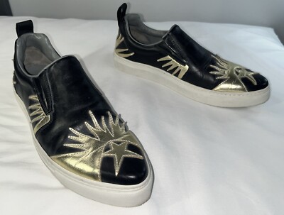 MSGM Black Gold Leather Slip On Luxury Sneakers Shoes Sz 38