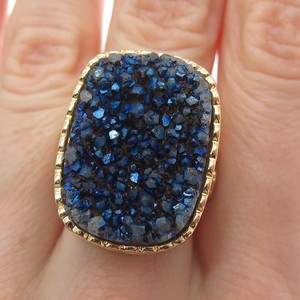 Authentic 925 Sterling Silver Gold Plated Vintage Real Blue Druzy Ornate Ring Size 6.5