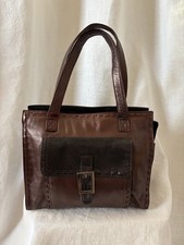 VTG Sharif Brown Leather Tote Handbag Mixed Texture Snakeskin Pocket Buckle