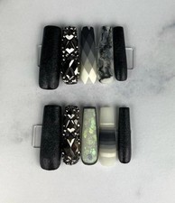 Extra long square press on nails black glitter matte marble rhinestones
