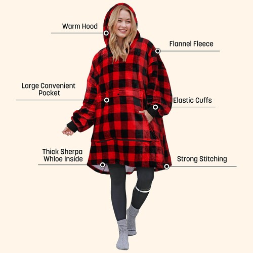 Blanket Sweatshirt Sherpa Lining Plush Fleece Oversized Hoodie With Pocket - Picture 6 of 7