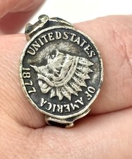 Vintage Faux Indian Head Coin Ring 1818 United States Liberty Feather Bikercore