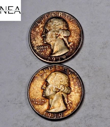 (2) 1939-D Washington Quarter Set/Lot ~ Gem BU Rainbow Toned End Coins (ZQL21)