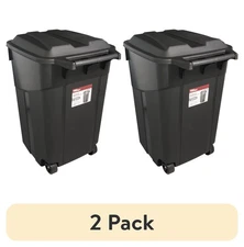 (2 pack) Hyper Tough 45 Gallon Wheeled Heavy Duty Plastic Garbage Can, Attached 