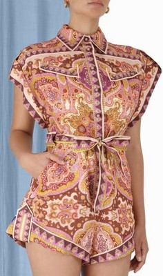 Zimmermann Halcyon Cuffed Linen Paisley Playsuit Size 3 Aus 14 US 10 