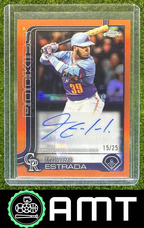 Thairo Estrada 2025 Topps Chrome Update 15/25 Auto Orange Refractor Rockies