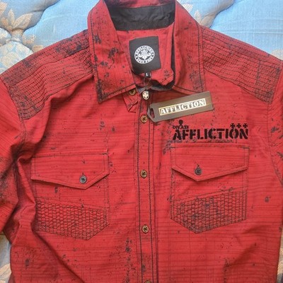 Send Offers Affliction Men's L Red/Black Graphic Print Button Long Sleeve Shirt