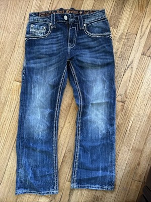 Rock Revival Matthew Boot Cut Denim Jeans 32W/30L Thick Stitch 3D Embroidered