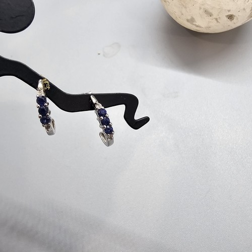 10k WHITE Gold Simulated Blue Sapphire Hoop Earrings Elegant Delicate Round Cut - Picture 3 of 11