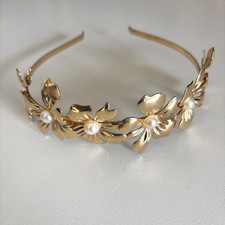 Dainty Hairband Headband Gold Toned Metal Flower Faux Pearl Wedding Bridal