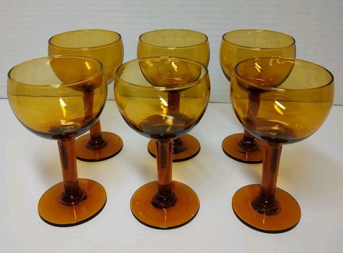 6 Vintage Deep Amber Hand Blown Glass Stemware Dimple Effect Compote 4 Oz - Picture 1 of 16