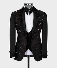 Men's Black 2-Piece Suit Floral Embroidered Western Wedding Prom Slim