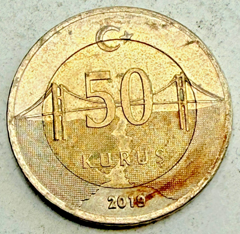 TURKEY TURKISH KM1243 2019 50 KURUS CIRCULATED BI-METAL COIN