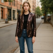 Sparkly Sequin Blazer Jacket Women Brown Single Button Evening Party Chicos Sz 1