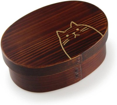 Fujishiro Kogei Magewappa oval lunch box with cat design, lacquer finish, f