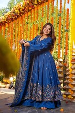 Heavy Natural Crep Blue Gown Palazzo With Dupatta For Indian Wedding Wear
