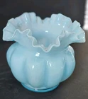 Fenton Blue Overlay Glass Ribbed  Melon Rose Bowl Vase 5”