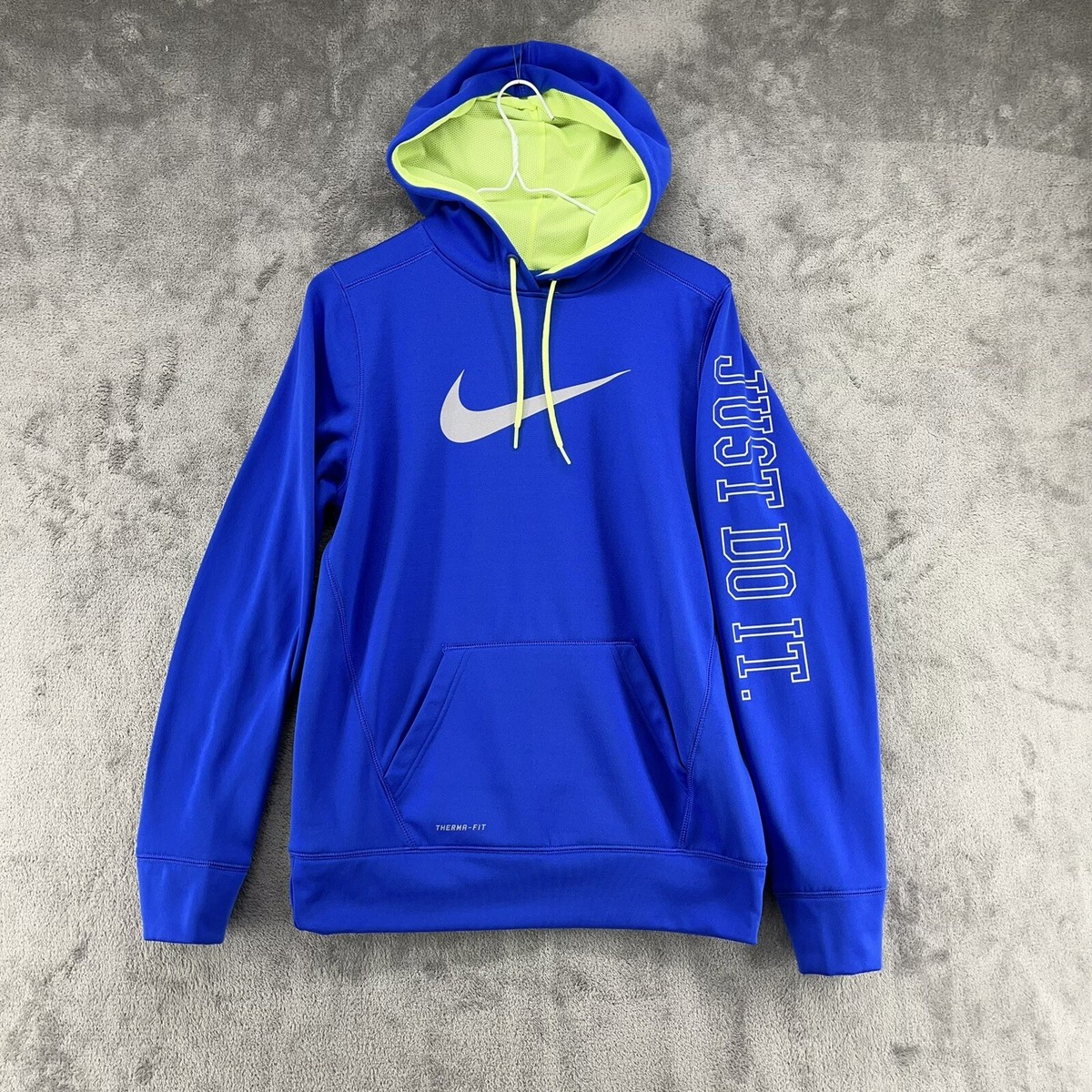 Nike Hoodie Sweatshirt Mens M Blue Therma Fit Center Swoosh Pocket Spellout  | eBay