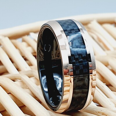 Rose Gold Edges Black Tungsten Ring Black Carbon Fiber Inlay