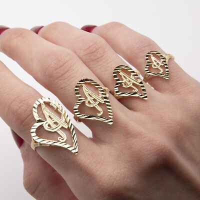 10K Yellow Gold Diamond-Cut Heart Initial Letter Ring