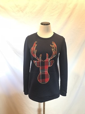 NWT 12pm by Mon Ami S Bust Blue Red Plaid Deer Sweater Blouse Top Holiday B5