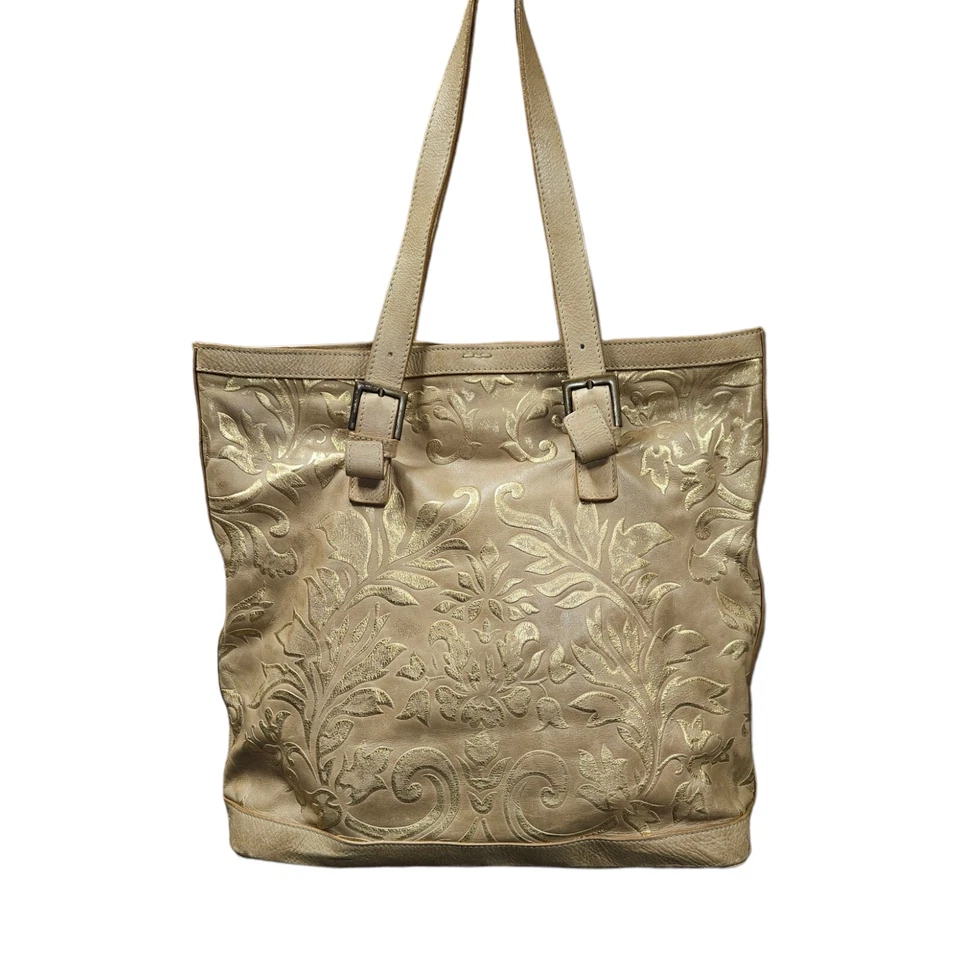 Bolso de Mano FALOR LE BORSE ITALY Talla XL Cuero Tostado Claro DORADO FLORAL Repujado Foto 2 de 4