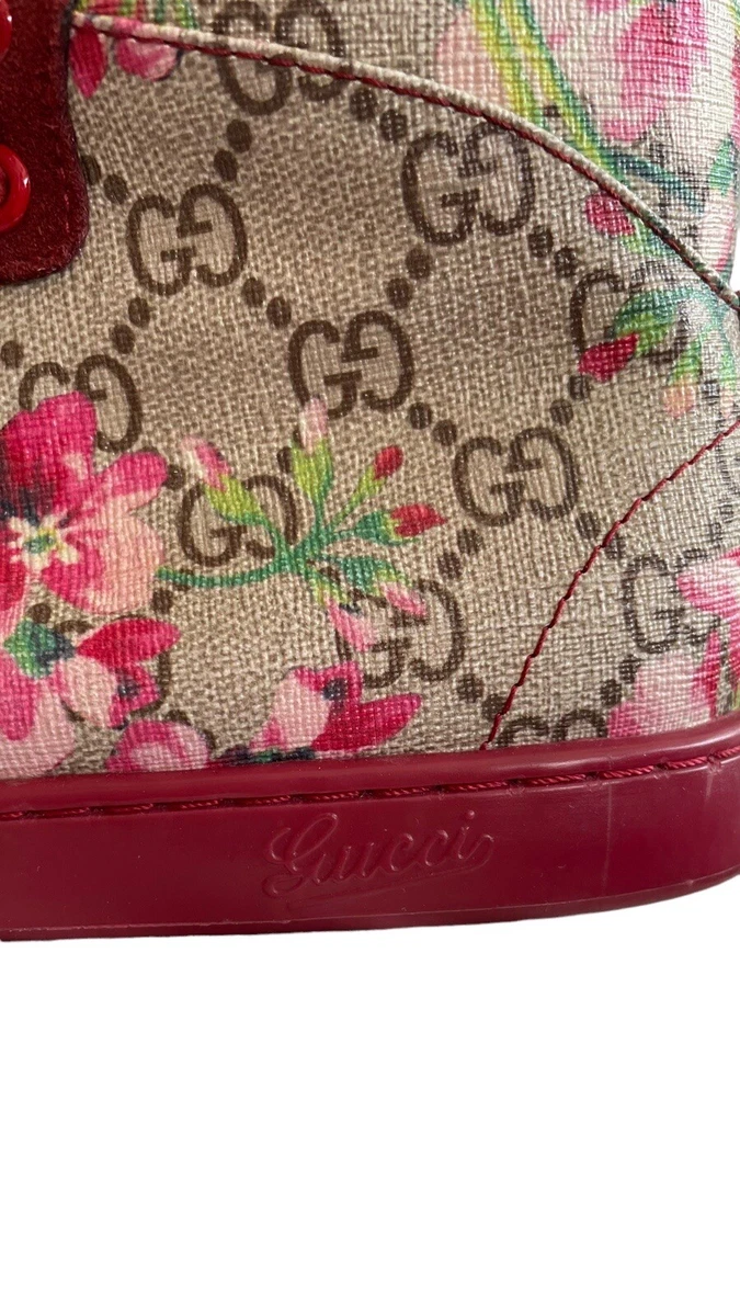 Gucci Bloom Burgundy GG Supreme Canvas and Suede Cherry Blossom Sneakers 36 eu