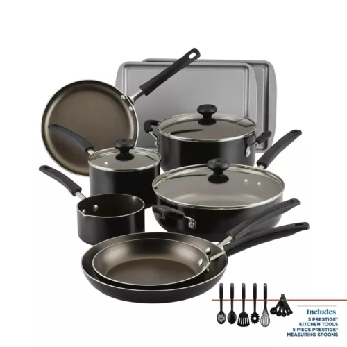 "Farberware Easy Clean 22-Piece Nonstick Aluminum Cookware Set – Black Pots and
