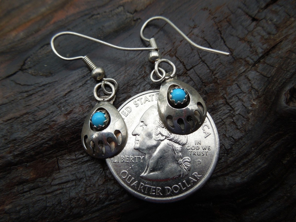 Sterling Silver and Turquoise Southwest Bear Claw Petite Dangle Earrings View 4