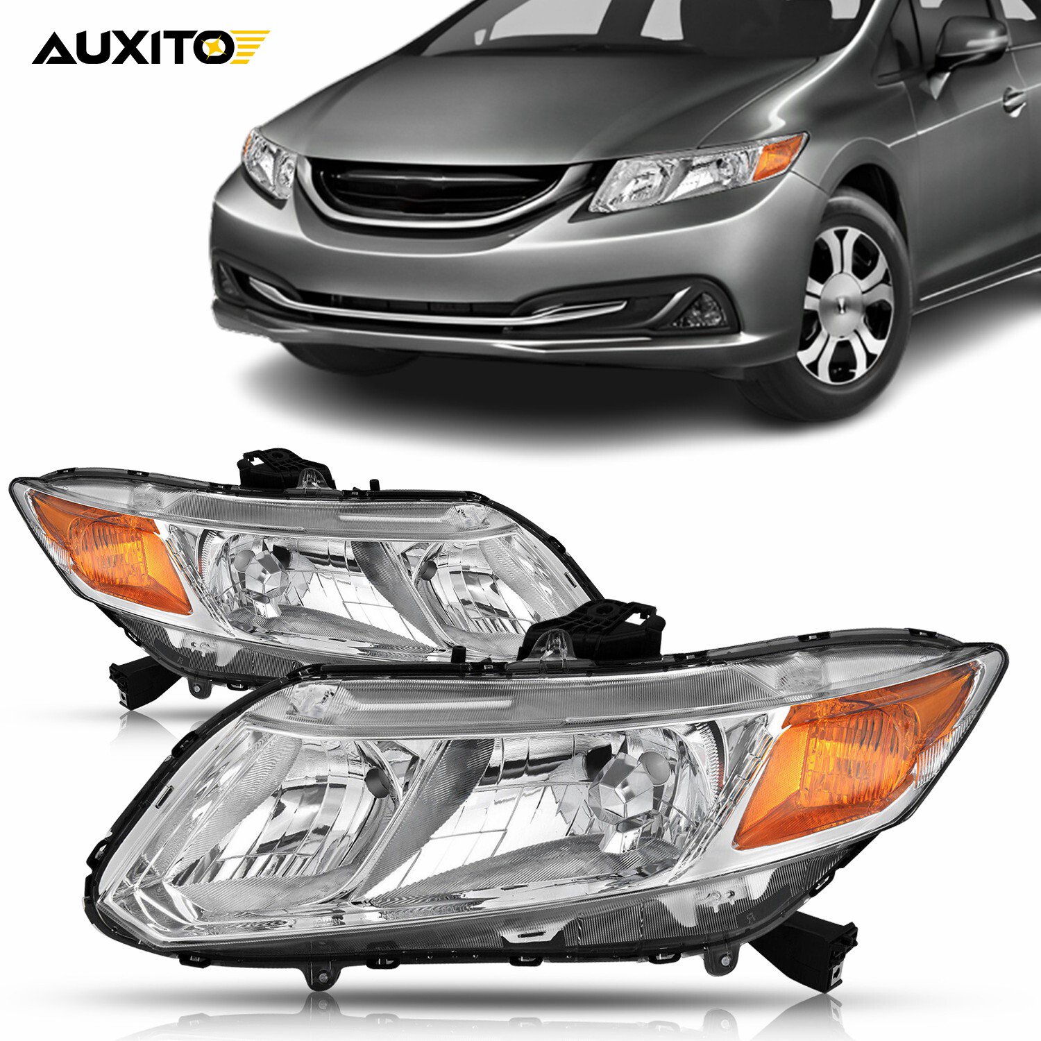 Fits Honda Civic 2012-2015 Replacement Headlights Assembly Pair Set Amber Lens