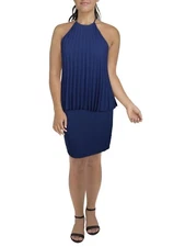 Halston Pleated Overlay Pencil Dress Open Back Knee Length Halter Navy Blue 10