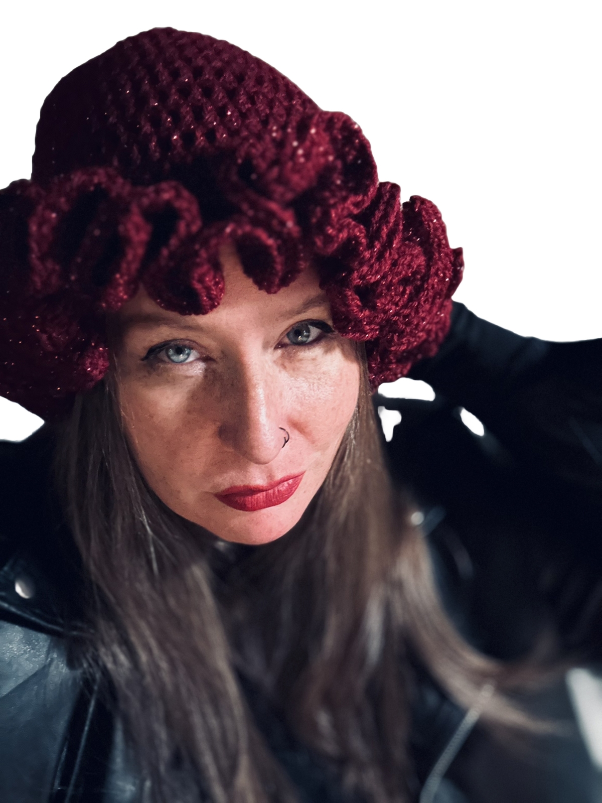 Crochet Ruffled Boho Sparkle Deep Red Bucket Hat Hippie Style-image