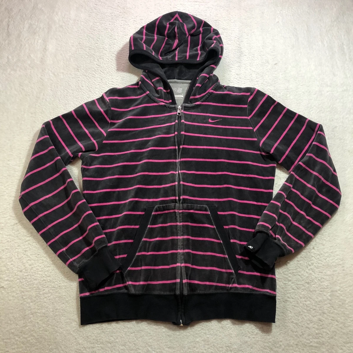 Nike Luxe Velour Hoodie Womens Medium Striped Full Zip Gray Pink
