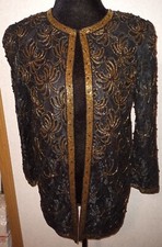 LAURENCE KAZAR Blazer Jacket Sz M Black Gold Beading Evening Holiday Cocktail