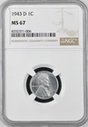 :1943-D 1C LINCOLN STEEL CENT NGC MS67 BRIGHT & SHINING RARITY R2 HIGHEST GRADES