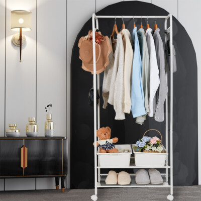 2 Tier Large Heavy Duty Iron Garment Rolling Rack Clothing Jacket Rack Shelving