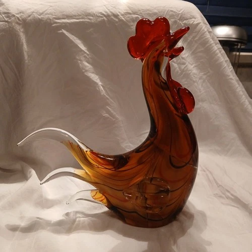 Murano Style Rooster Hand Blown Art Glass Figurine Sculpture 8” T Vintage