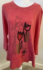 Jess & Jane Sz. Med. Mineral Washed Red Artsy Tulip Print Layered Hemline M66