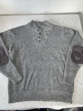 Schott Bros Gray  Sweater Mens Medium Wool Elbow Patch Fisherman Knit